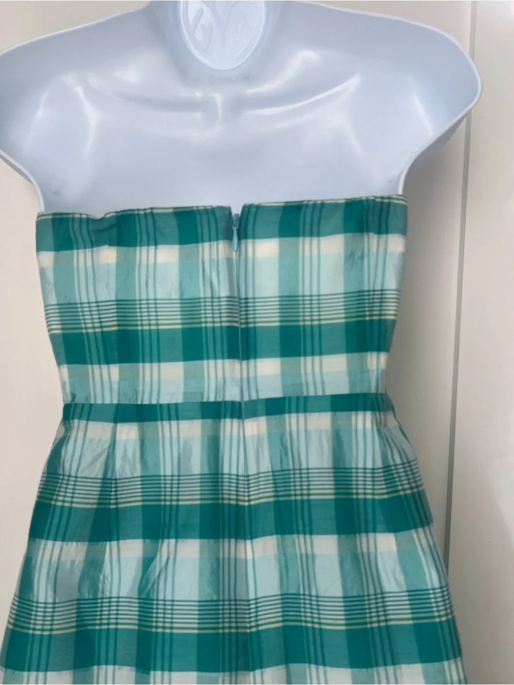 J.Crew Strapless Plaid Green White Silk Blend  Preppy Cottagecore Summer Dress 6